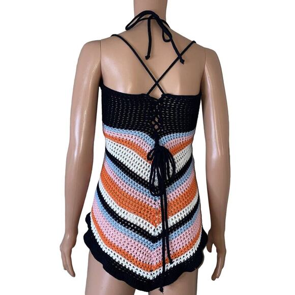 Colorblock Cut Out Lace Up Back Cover Up Dress crochet knit chest cut out SZ SM - Picture 6 of 11